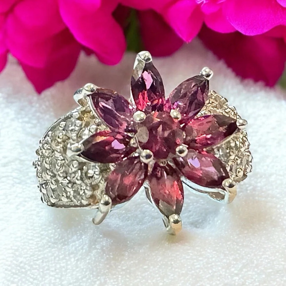 💜🩷Vibrant Rubellite Tourmaline & White Topaz Sterling Silver Ring (6) - Picture 4 of 9